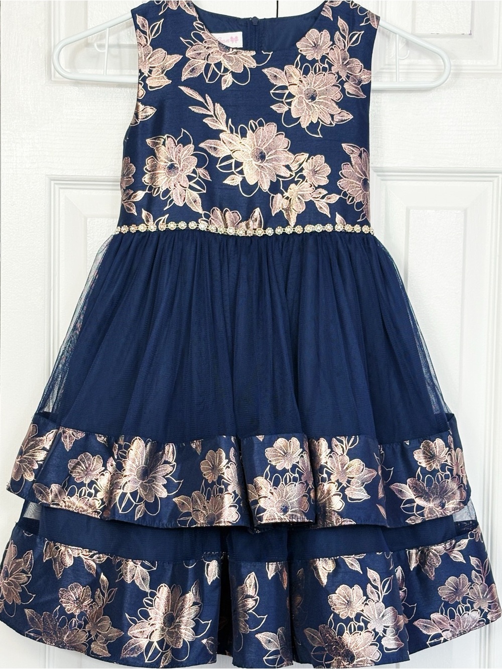 Bonnie Jean Formal Navy Blue & Rose Gold Foil Floral Tiered Party Dress 6X